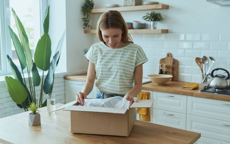 Mujer sorprendida abriendo un paquete