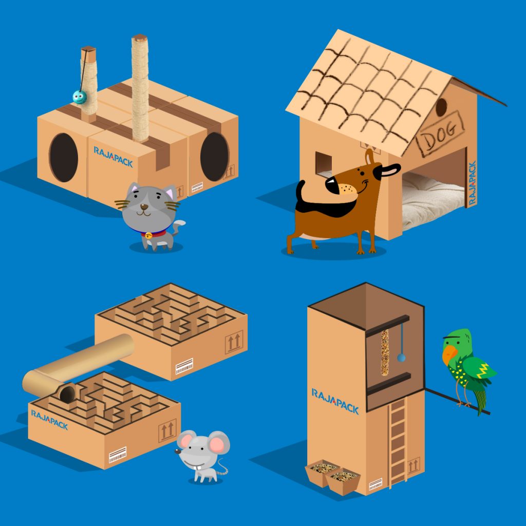 Ejemplos gráficos de los juguetes con cajas de cartón de Rajapack
