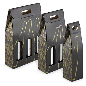 Estuche para botellas de RAJA fabricado con cartón couché, o cartón estucado brillante