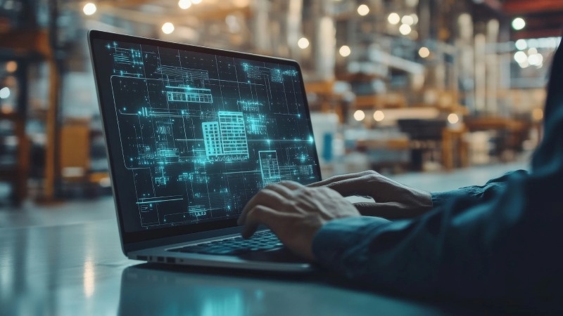 Hombre utilizando un ordenador en un almacén