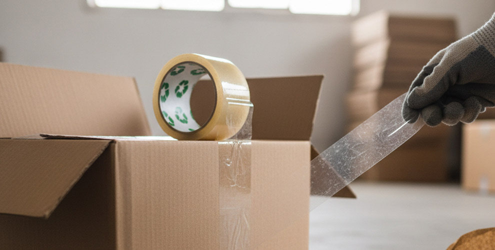 Cierre de cajas de embalaje con cinta adhesiva de alta resistencia para envíos de negocios.