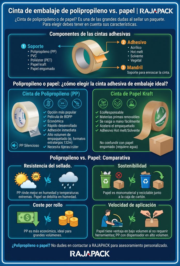 Infografía Rajapack sobre la cinta de embalaje de polipropileno vs de papel.